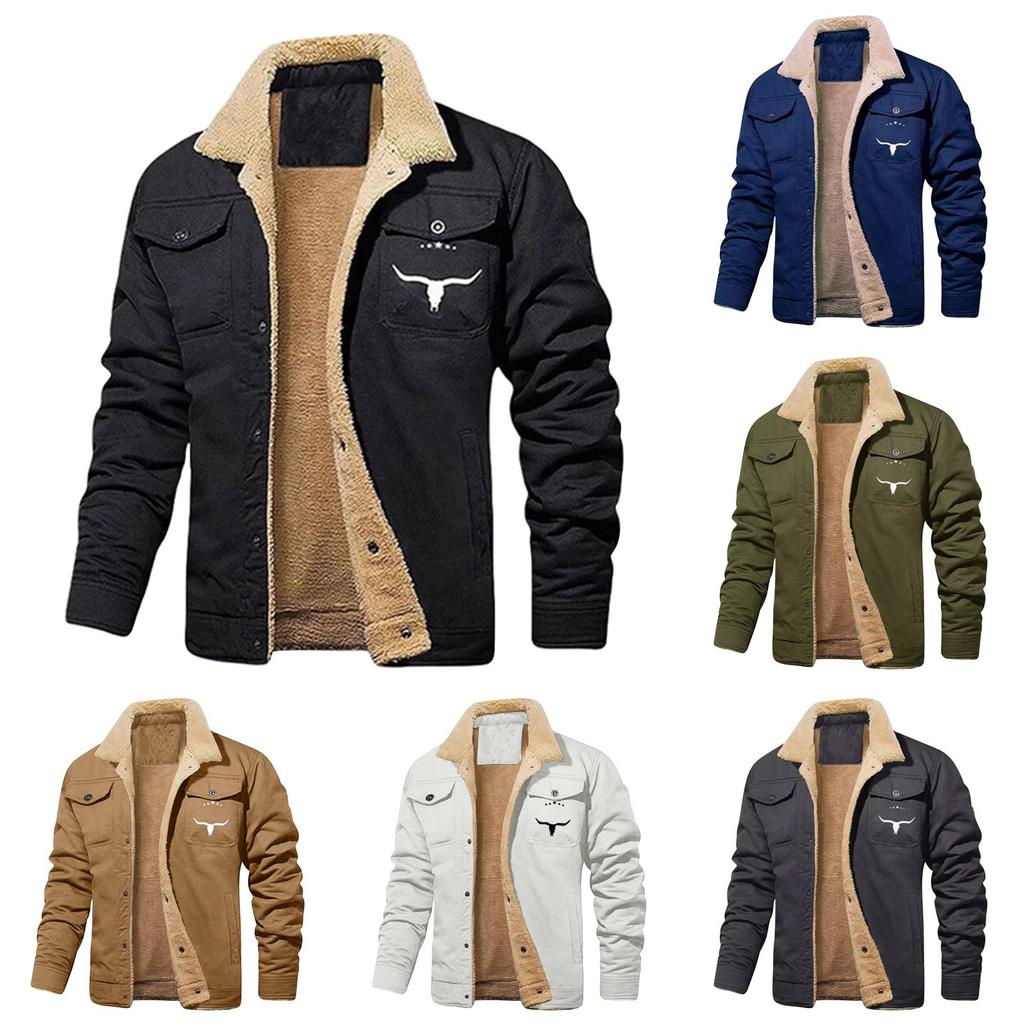 Men's Solid Color Button Pocket Work Jacket Men's Casual Plush Coat