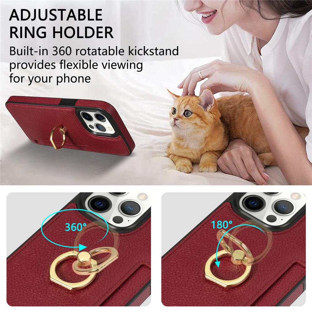 Ring Holder Cards Slot Leather Phone Case For iPhone 16 15 14 Plus 13 12 11 Pro Max XR XS 7 8 Shockproof Cover Coque
