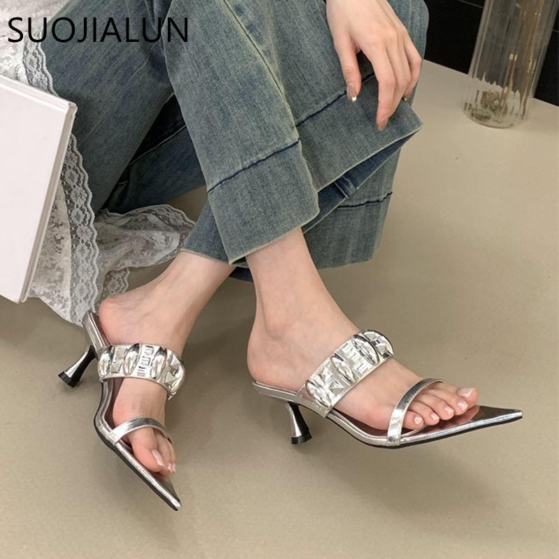 Fashion SUOJIALUN 2025 Summer New Brand Women Slipper Fashion Rivet Pointed Toe Slip On Ladies Slides Thin High Heel Outdoor Dress Sanda