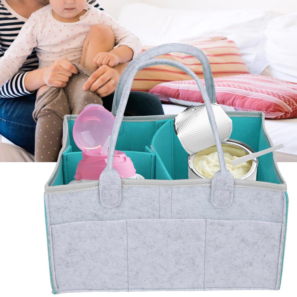Baby Diaper Organizer Multiple Compartments Mommy Handbag Felt Travel Makeup Holder(Light GrayGreen