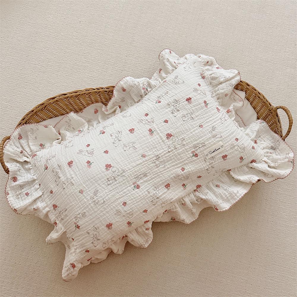 Small Floral Ruffle Lace Double Layer Cotton Gauze Pillowcase for Kindergarten