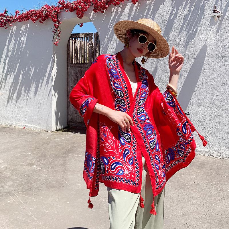 Red print ladies spring autumn summer outdoor sunshade sunscreen shawl scarf silk scarf travel photo shawl tassel