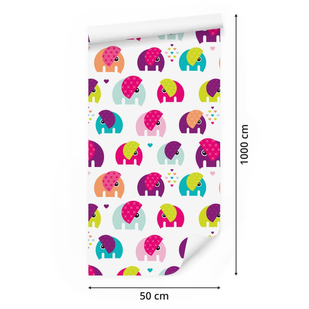 Colorful Elephants and Hearts Wallpaper for Living Room and Bedroom 50x1000