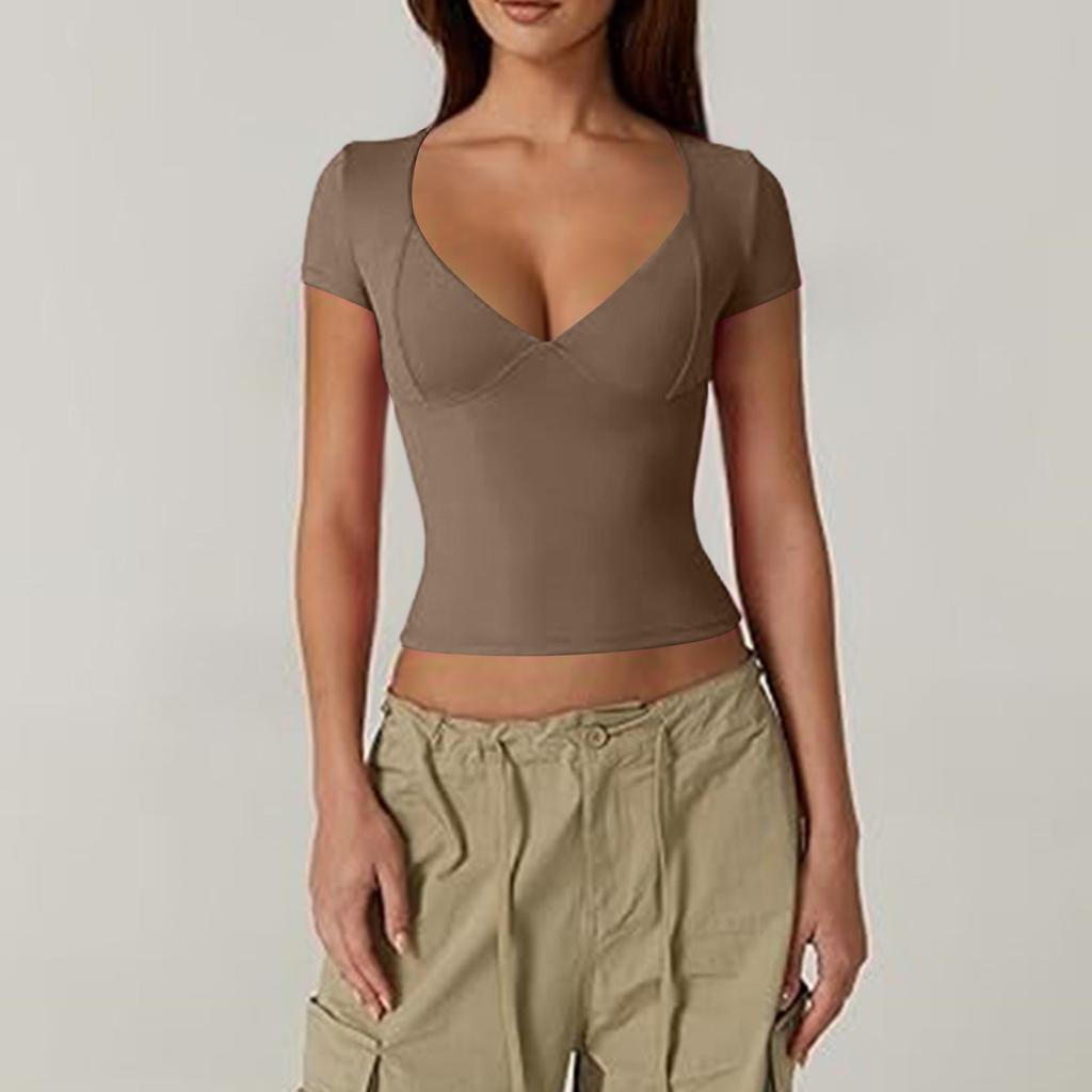 Women's Top Slim Fitting T-Shirt V-Neck Top With Bottom Short Sleeved Sexy Solor Top T-shirt
