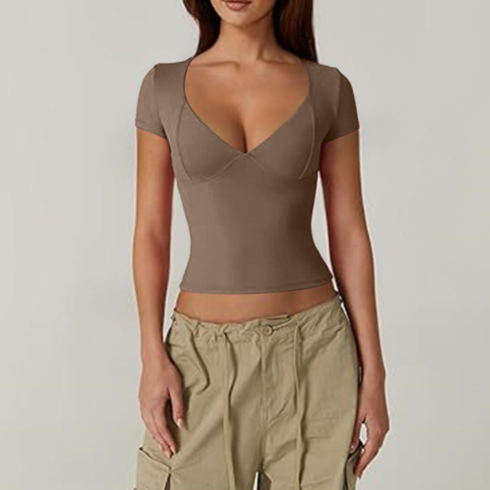 Женский топ облегающая футболка с V-образным вырезом топ с короткими рукавами однотонный сексуальный топ футболка XL верблюд