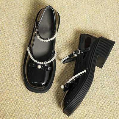 Modestudentinnen Mädchen Mary Jeans Damen Schnallenriemen Schnürung Perlenbesetzte Slipper Glänzende Kleine Lederschuhe Damen Lolita Niedrige Absätze Oxford