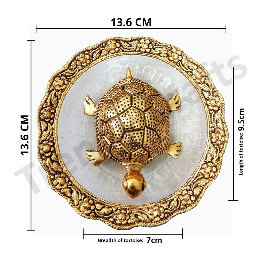 Metal Feng Shui Tortoise On Plate Fantasy Showpiece (Golden, Diameter: 5.5 Inch)