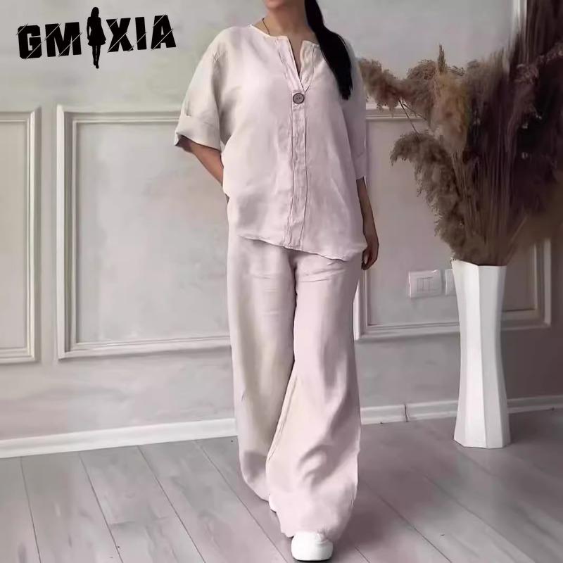 

GMXIA Fashion Женский Удобный Свободный Топ Брюки с Широкими Штанинами Повседневный Костюм из Хлопка и Льна L
