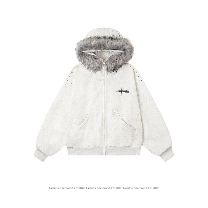 Unisex Oversized Hooded Zip-Up Sweatshirt With Faux Fur Trim Casual Winter Streetwear Top