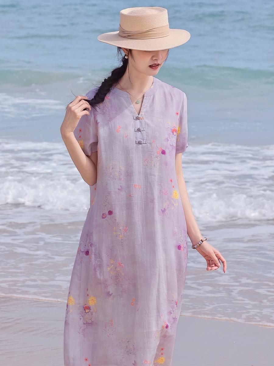 

Retro Artistic Ramie Print Qipao Dress – V-neck, Short Sleeve, Mid-Length, Chinese Style for Summer S