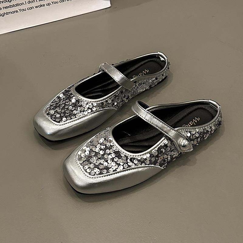 Sequined Silver Bag Head Half Slippers Women's Shoes 2025 New Spring and Summer Temperament Mary Jane Flat Shoes