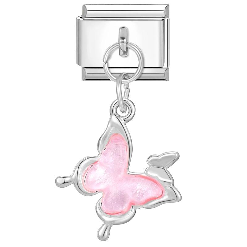 Sweet Cute Bow Knot Butterfly Pink Blue Heart Italian Charm Links Fit 9mm Stainless Steel Bracelet Women DIY Making Zircon Gift