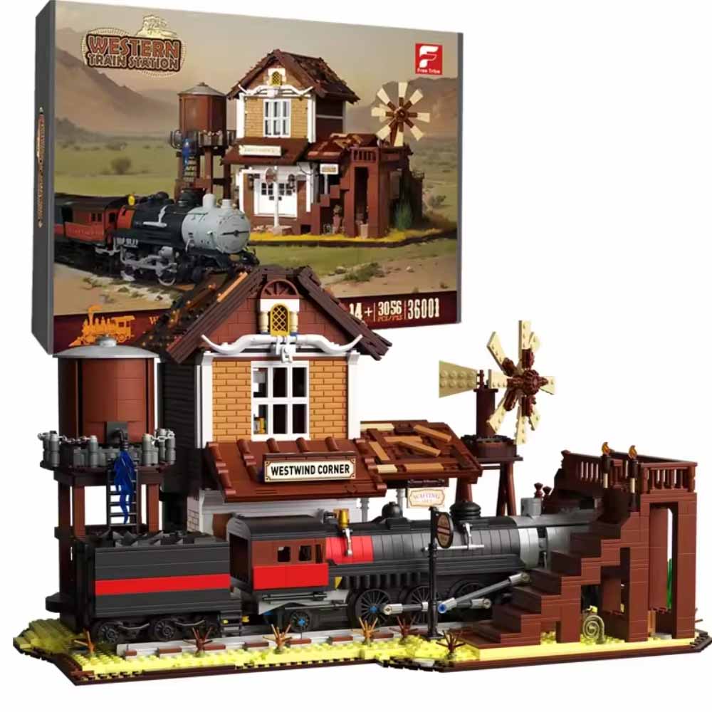 3885PCS Western Railway Station Building Blocks Steam Train City Street View Model MOC Bricks Kids Educational DIY Toys MOC Gift