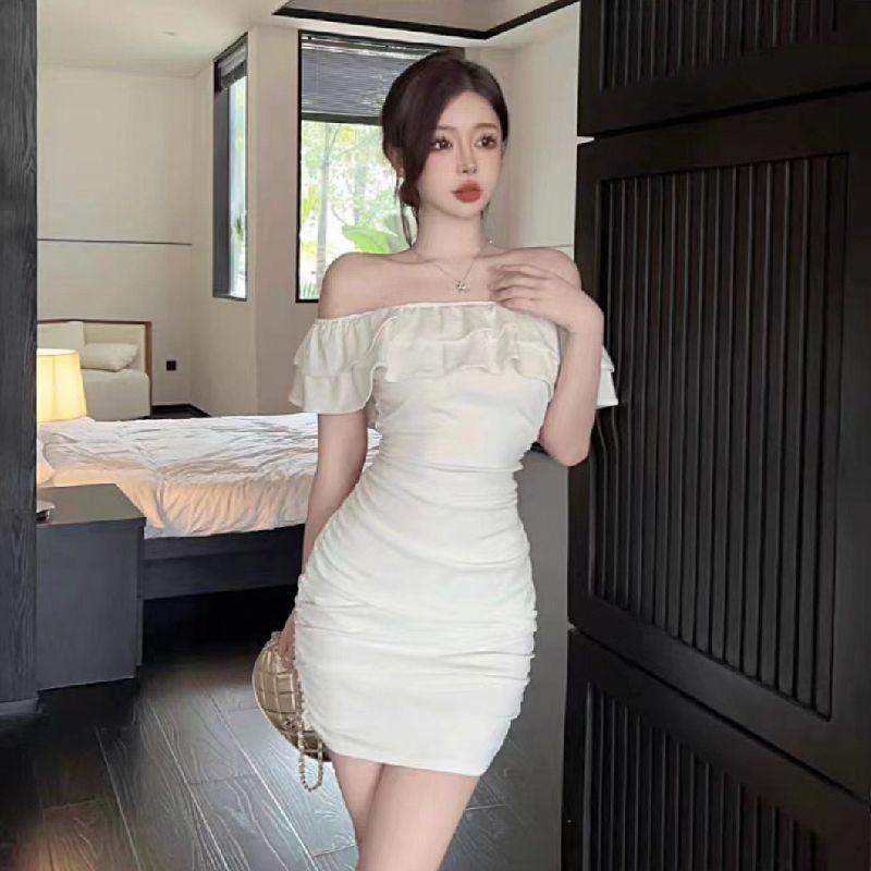 Off-the-Shoulder Slim Waist Bodycon Dress with Ruffles - Women's Summer Sexy Short Skirt