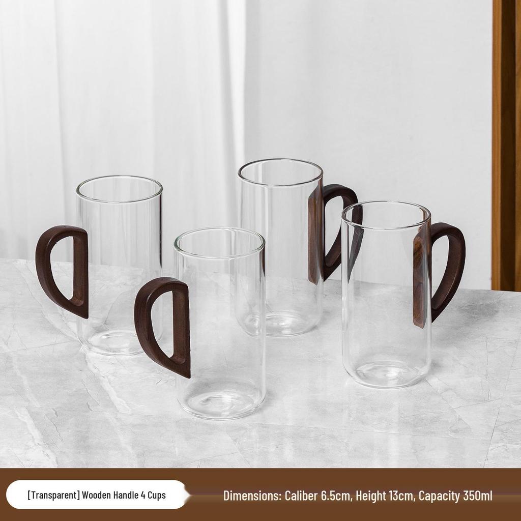 High-Temperature Resistant Tea Cup Set: Thickened Borosilicate Glass with Wooden Pistol Grip Handle