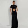 2026 new women's fashion temperament sexy hollow hip wrap pleated solid color dress long dress European and American clothing
