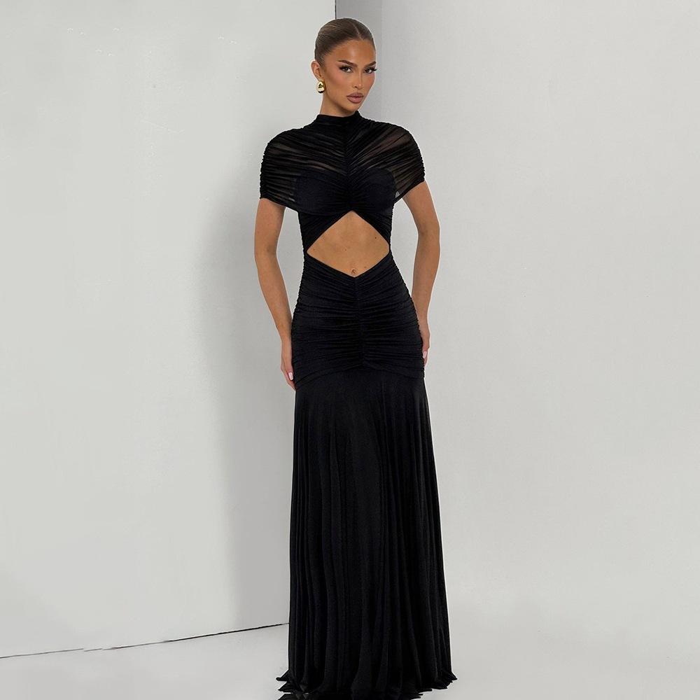 2026 new women's fashion temperament sexy hollow hip wrap pleated solid color dress long dress European and American clothing