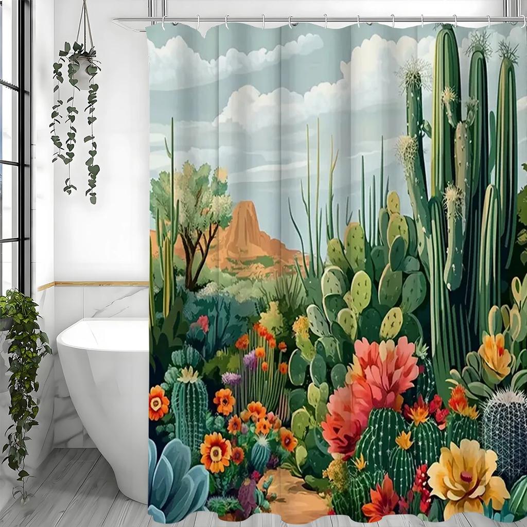 Tropikalny Design Kaktusa Zasłona Prysznicowa, Sukulent, Zielony Kwiat Kaktusa, Krajobraz Pustynny, Nowoczesny, Bohema, Poliester, z Haczykami