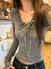 Chic Women's Winter Slim Fit V-Neck Gray Lace Trim T-Shirt