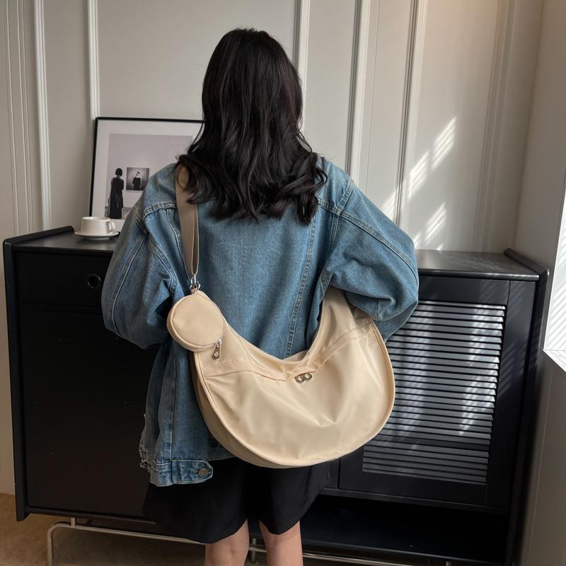 Commuter Canvas Shoulder Bag Tote Messenger Bag College Student Class Backpack Women's Fashion Large Capacity Solid Color Dumpling Bag