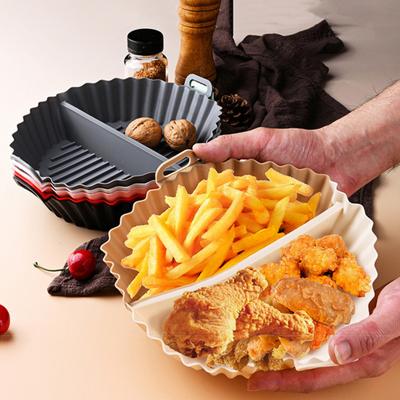 Round Silicone Fryer Liner Dual Handles Non Stick Food Grade Heat Resistant Dishwasher Safe Reusable Oven Baking Tray Basket Bowl Kitchen Supplies