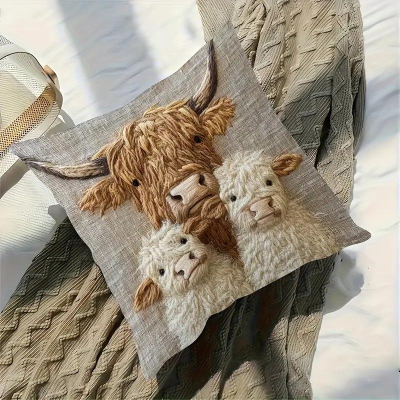 Decorative Pillow Case "Scottish Cow Family" In Soft Polyester, 45cm X 45cm, with Zipper