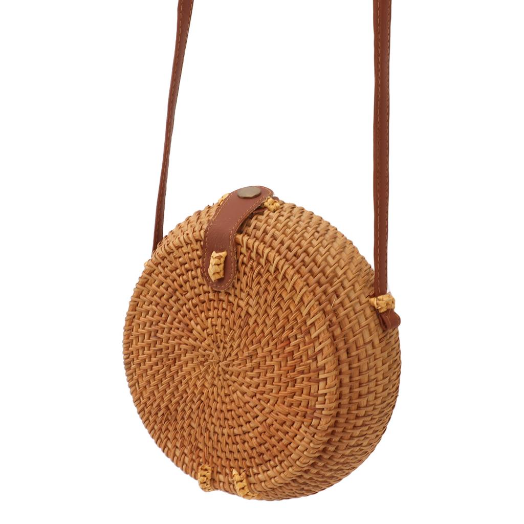 Handwoven Round Rattan Bag Tropical Beach   Woven Shoulder Rattan Bag with Leather Strap 20cm Diameter