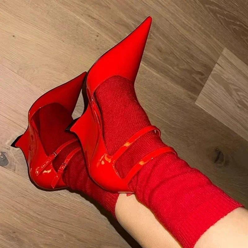 Fashion Elegant Red Patent Leather Wedges High Heels Women Sexy  Pointed Toe Pumps Fashion Double Buckle Strap Ladies Party Dress Shoes