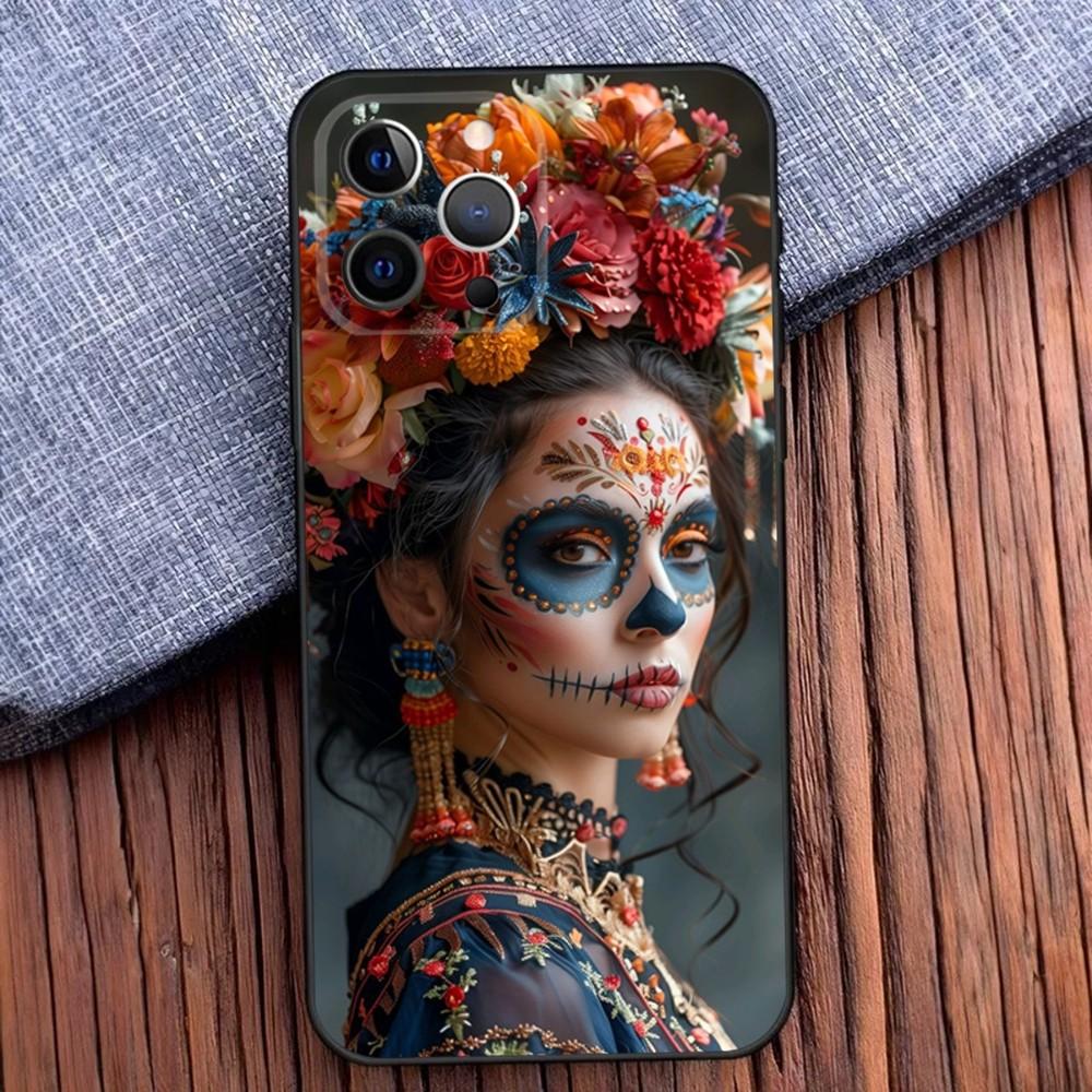 

Day of the Dead Mexican Catrina Skull Phone Case For iPhone 16,15,14,13,12,11,Pro,X,XS,Max,XR,Plus,Mini Soft Black Cover iPhone13