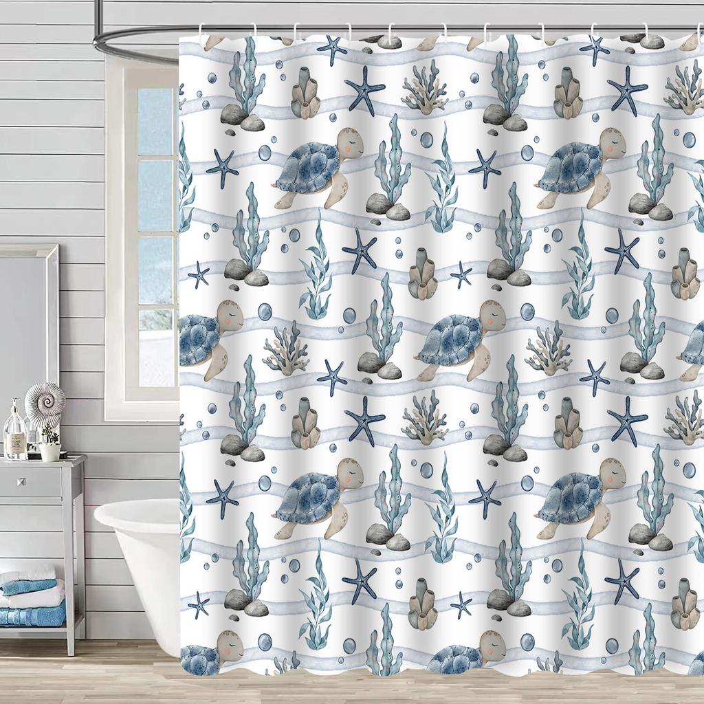 Shower Curtain Waterproof And Mildew-Proof Digital Printing Starfish Shell Shower Curtain Bathroom Partition Curtain Free Punching