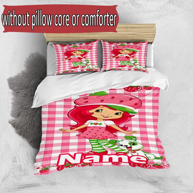 3pcs Duvet Cover Set (1*Duvet Cover + 2*Pillowcase, Without Core), Custom Name Strawberry Shortcake Pattern Bedding Set, Home Bedroom Decor Gift