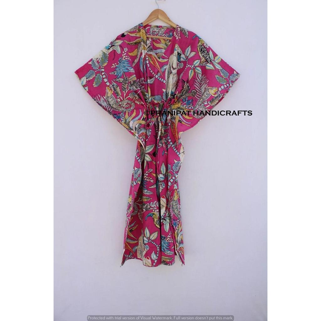 Women Cotton Pink Summer Sleepwear Beach Cover up Monkey Print Long Caftan Dress CKFTN-SCRN-FULL-BUYIT-127