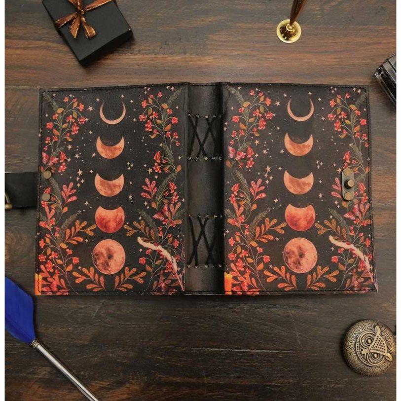 Handmade Moon Phases Leather Journal - Vintage Grimoire with Deckle Edge Paper | Witchcraft, Spell Book, Lunar Diary, Gift for Women & Men