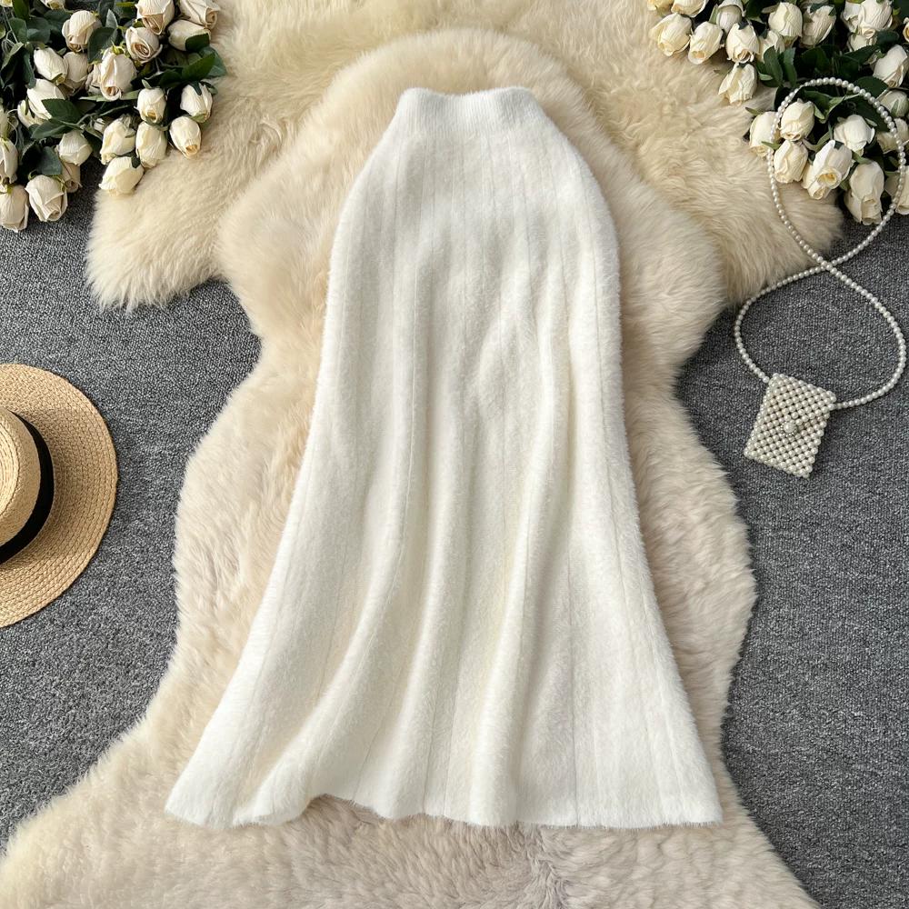 Autumn Winter Women French Elegant Knitted Long Midi Slim Bodycon Fishtail Skirt