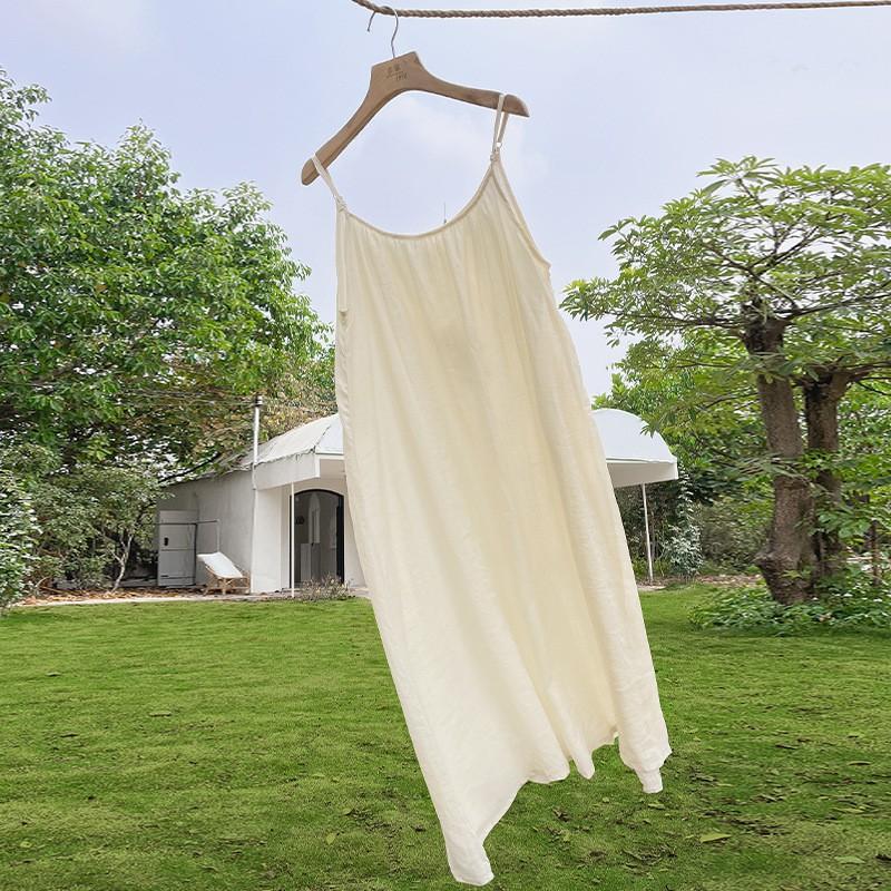Elegant Linen Cotton Slip Dress With Flowy Skirt Loose Fit U-Neck Backless Maxi Vacation