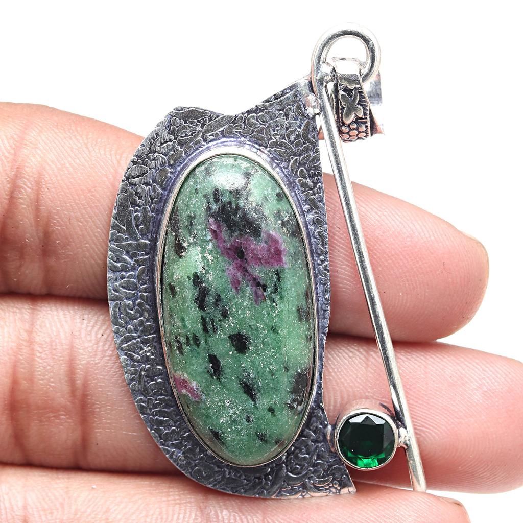Pendant Ruby Zoisite Emerald Gemstone Valentine'Day Gift Silver Jewelry 2.5"