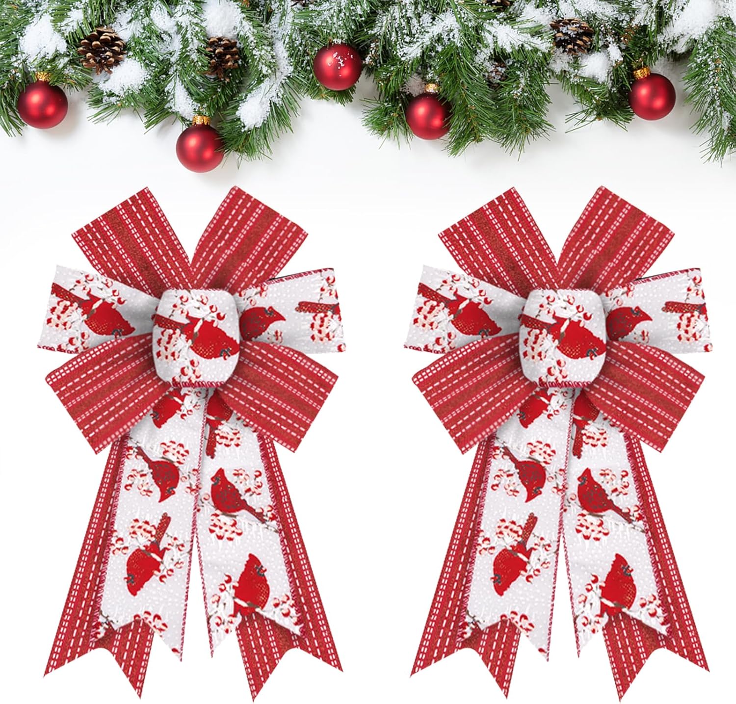 

2 PCS Christmas Bows for Wreath Xmas Shining White Red Burlap Bows Floral Cardinals Craft Tree Topper Bow for Front Door Decor 12.99 x 8.46 in