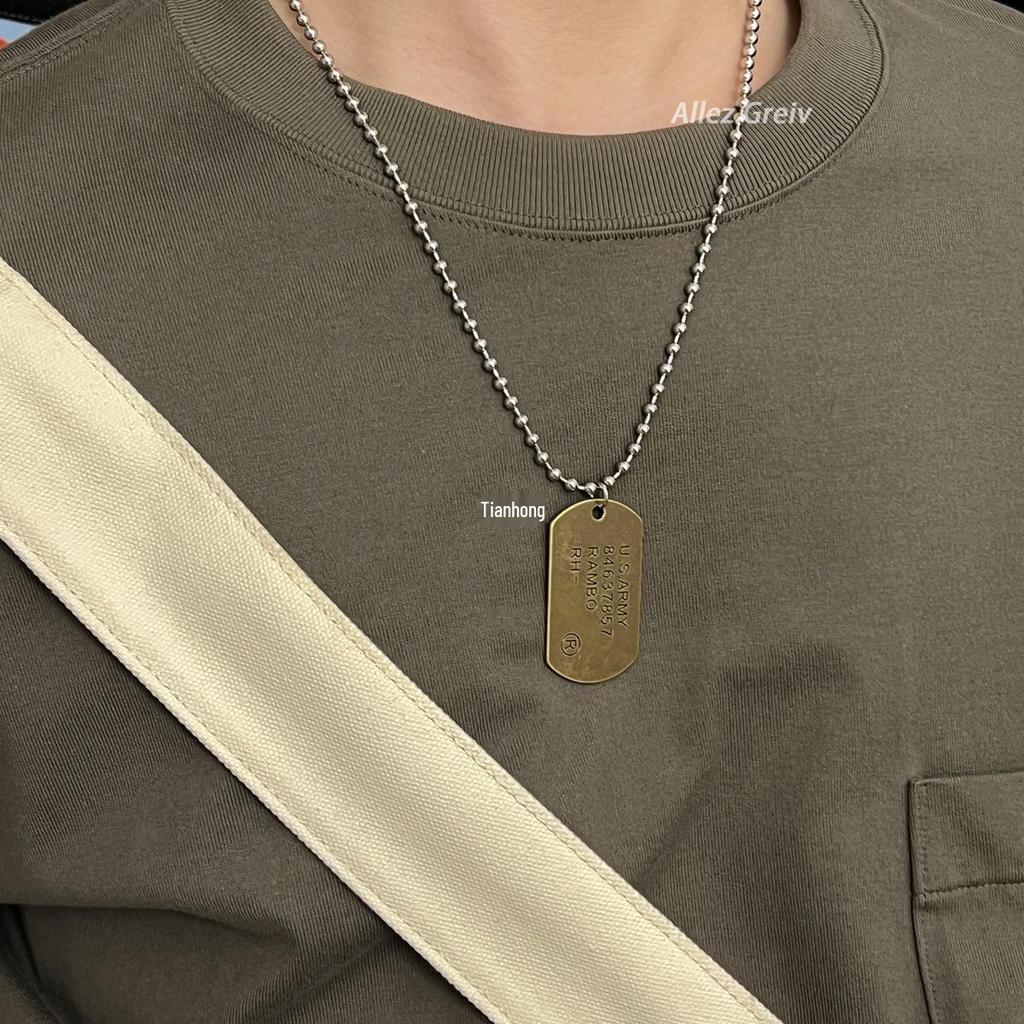 Retro American Soldier Dog Tag Titanium Steel Necklace for Men - Distressed Street Style, Non-Fading Pendant