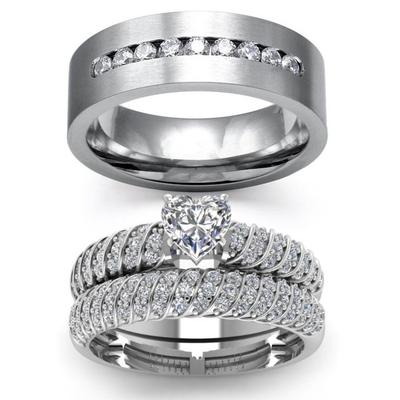 Fashion Couple Rings For Women Heart Crystal Rhinestones Rings Set Men Cz Stainless Steel Ring Wedding Engagement Jewelry Gifts