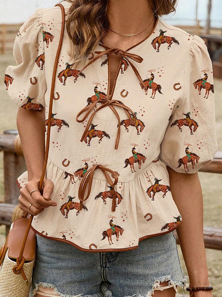 2025 Summer Women's Printed Bow Tie Short Sleeve Round Neck Top - European & American Fashion Trend