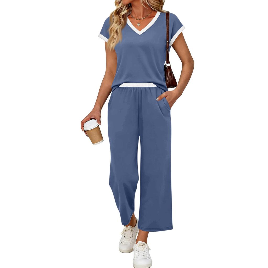 Women Two Piece Set Casual Outfits V Neck Short Sleeve Top Elastic Waist Pants Lounge Wear Set for Travel Relaxed Fit