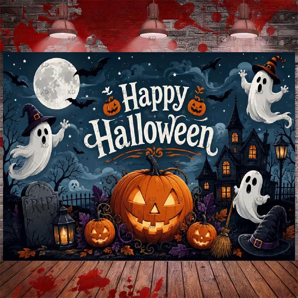 Halloween Party Decor: Pumpkin Backdrop, Ghosts, Haunted House, Photography Props, Photo Booth Banner5017