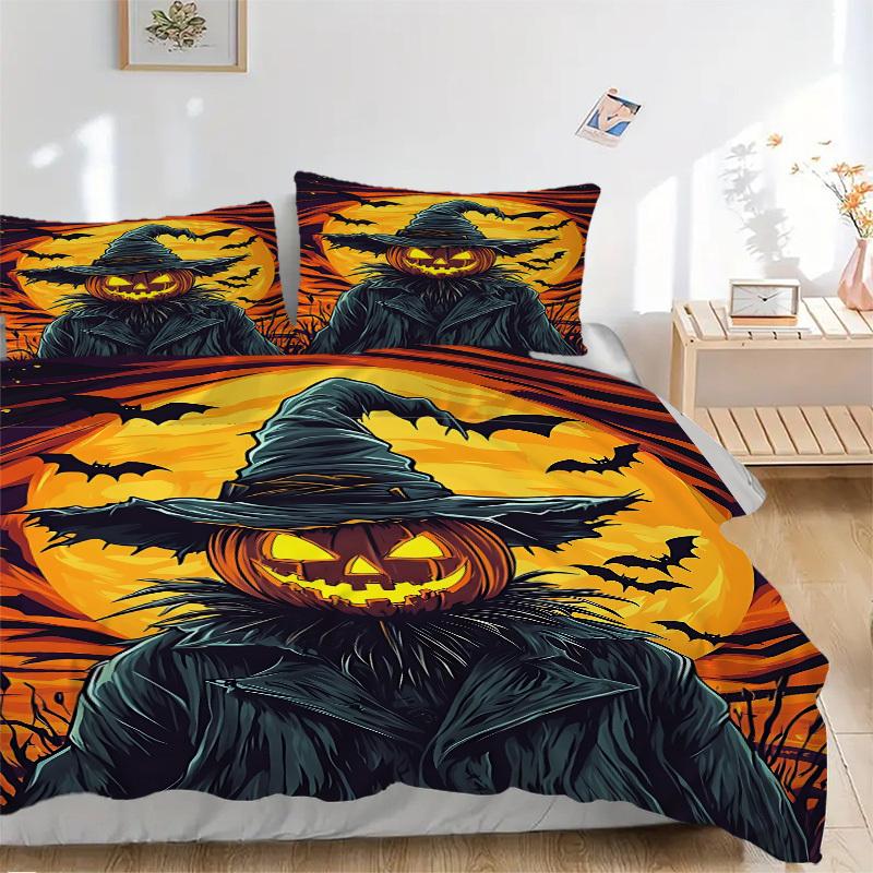 3pcs Pumpkin Witch Bedding Set - 1 Duvet Cover + 2 Pillowcases(Core Not Included), Machine Washable Polyester Yy251216169
