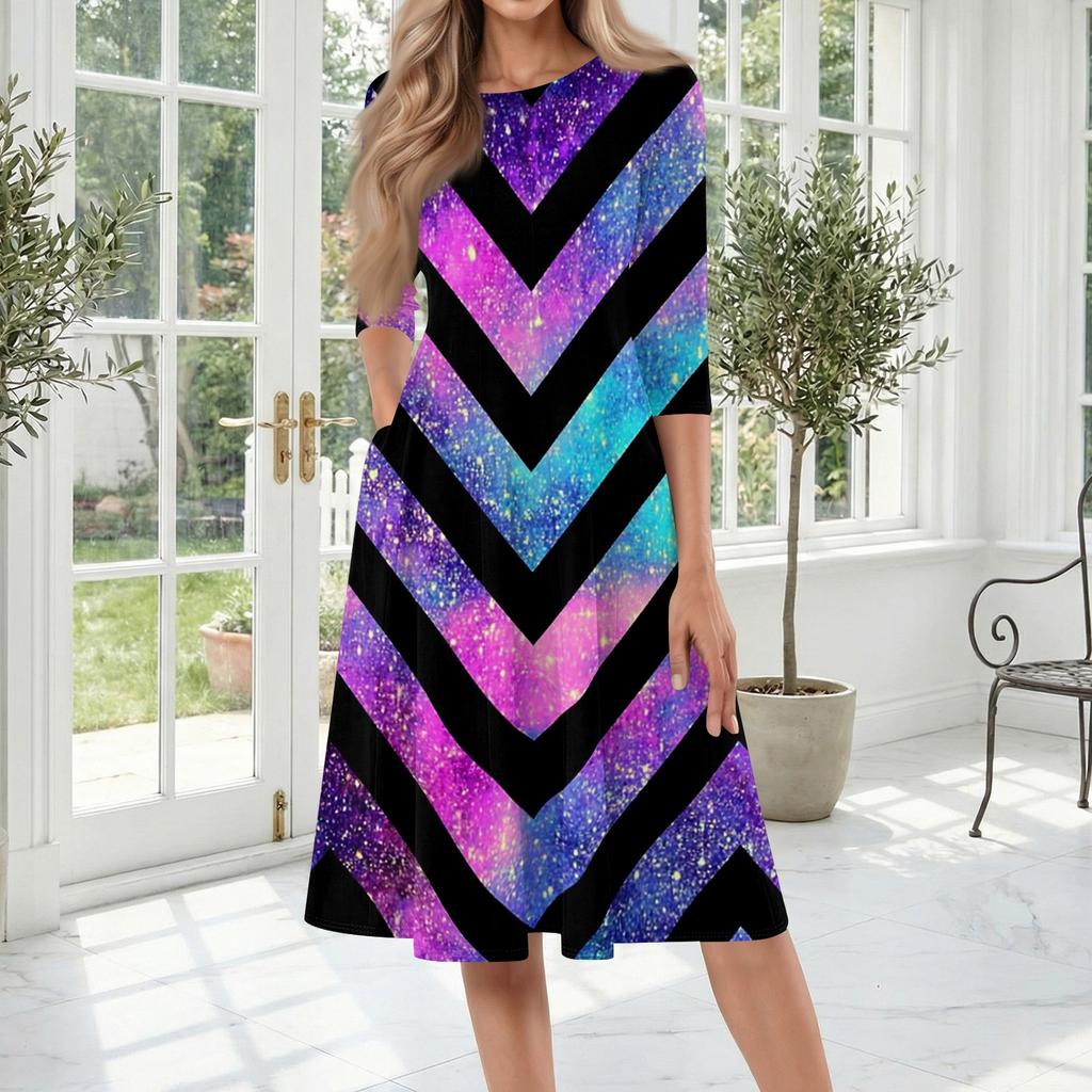 Women Halloween Print Casual Crew Neck Three Quarter Sleeve Midi Dress Comfortable Loose Fit Style
