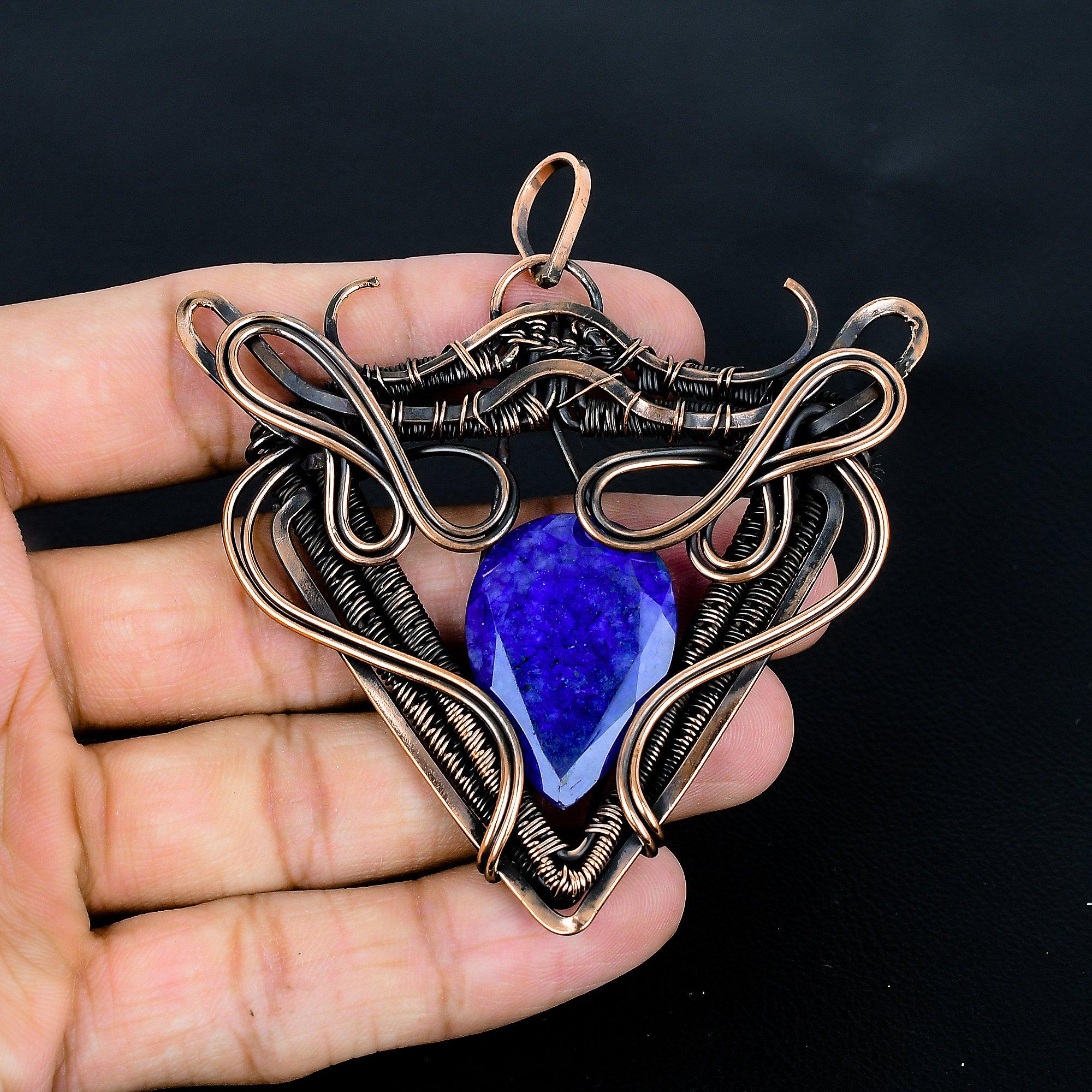 

Blue Sapphire Pendant Handmade Gemstone Jewelry, 999 Copper Wire Wrapped Pendant ,Unique Design Jewelry Pendant 2.55 Inches