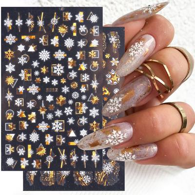 1 Blatt 3D-Nagelaufkleber, Weihnachtsserie, Nagelkunst-Dekoration, Weiß, Laser, Gold, bunt, Winter, Schneeflocke, Blatt, Herz