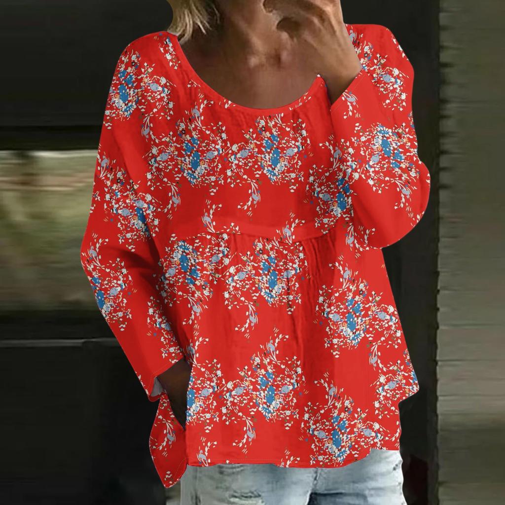 Damen Casual Mode Locker Rundhals Blumenmuster Langarm Oberteil