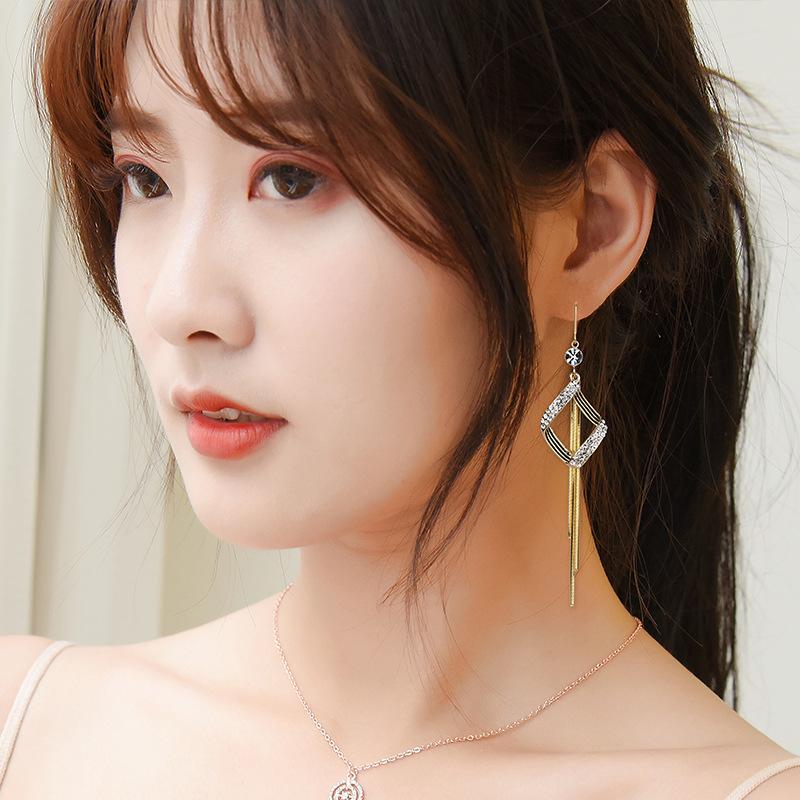 925 Silver Earrings Women'S Tassel Geometric Rhombus Personality Earrings Irregular Accessories