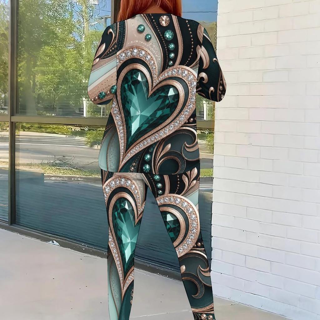 Women Plus Size Printed Round Neck Long Sleeve Top And Fitted Pants Two Piece Set