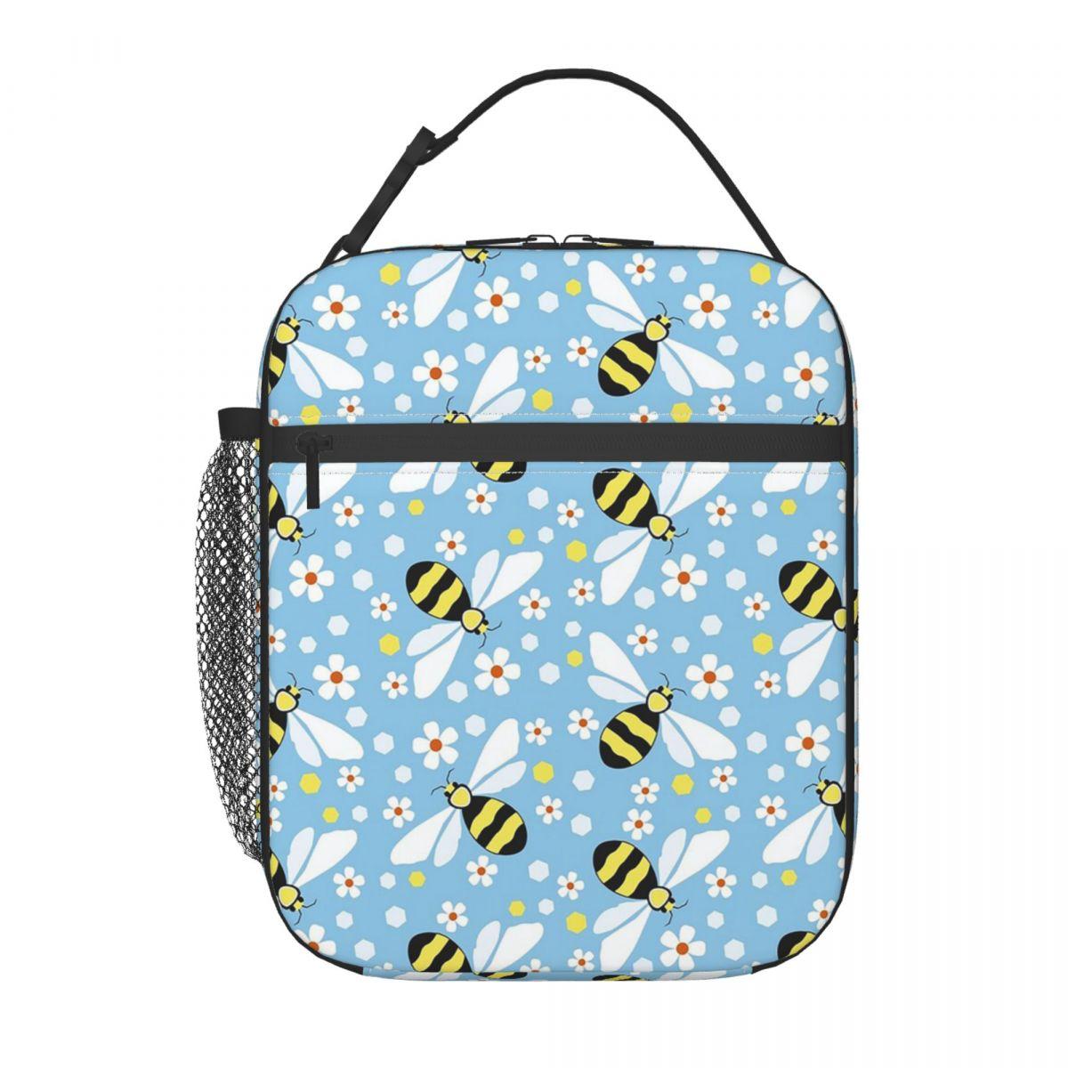 

Cartoon Bee And Daisy In Blue Background Insulated Lunch Bag for Women Children Portable Food Boxes Thermal Lunch Box Tote One Size